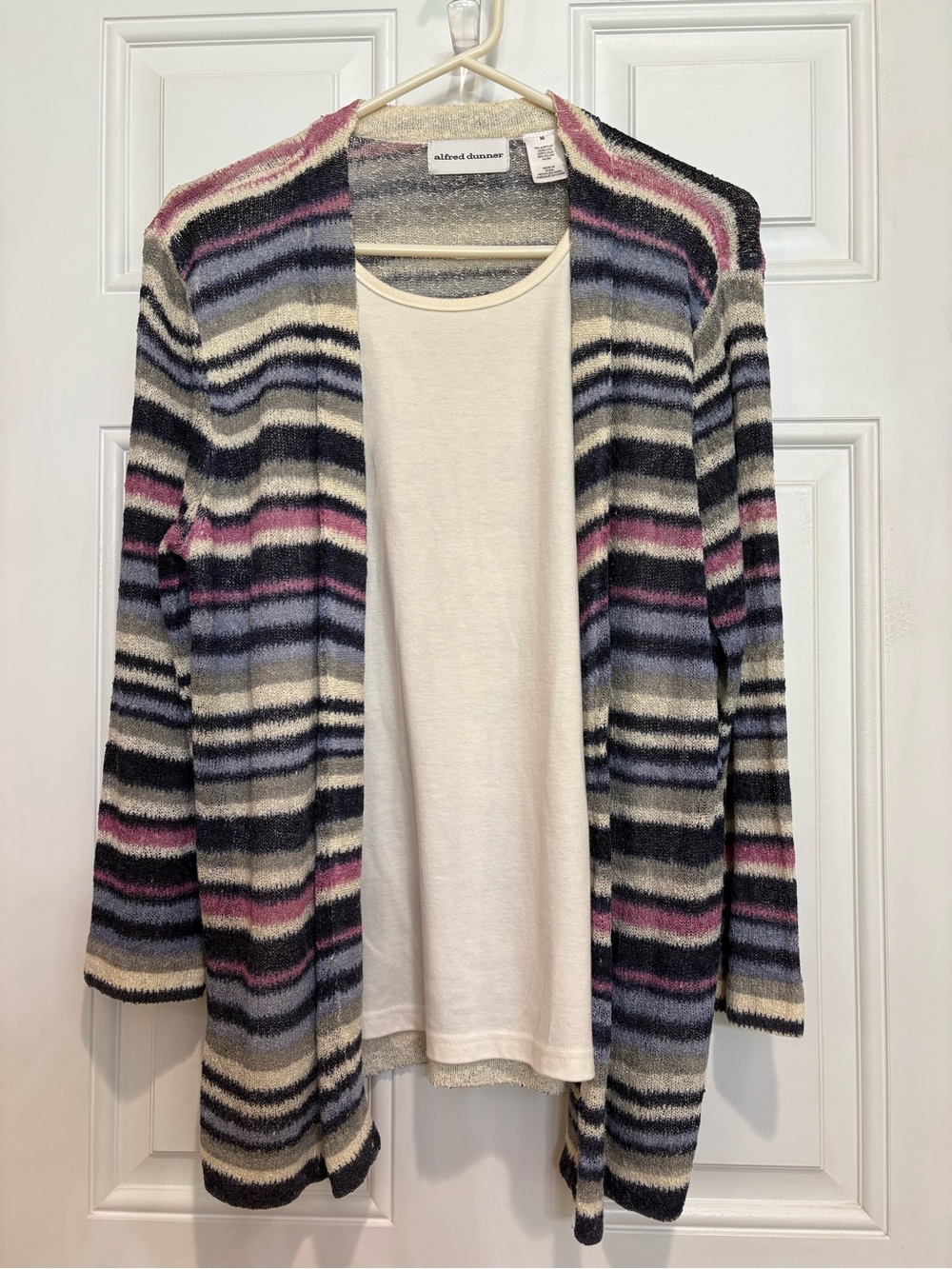 Alfred Dunner 2 in 1 Cardigan, Blues, Pink, Gray, Cream Stripes & White Tank, M